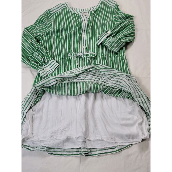 Loft Women's White Green Striped Tab Sleeve Button Flounce Dress - Picture 12 of 12